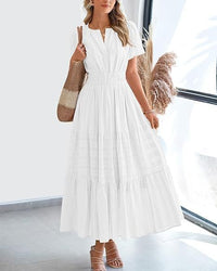 Vneck Pleated Puff Sleeve Layered Maxi Dress For Women