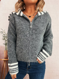 Simple Contrast Color Large Lapel Zipper Knitted Cardigan Loose Casual Sweater