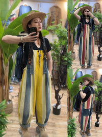 Vintage Stripe Suspender Pants Women's Loose Cotton Denim Jumpsuit
