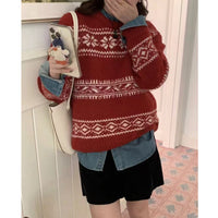 Loose And Thick Christmas Style Knitted Top Retro Round-neck Sweater