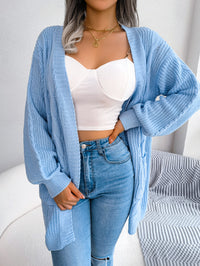 Women Cable Knit Lantern Sleeve Pocket Cardigan Sweater Coat