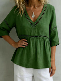 Solid-color V-neck Hollow-out Casual Fringed Top