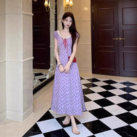 French-style Retro Lace V-neck Purple Floral Dress For Women