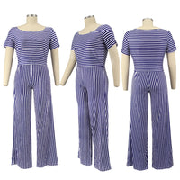 Womens Striped Printed Wide-Neck Short-Sleeve Fashionable Loose Casual Set