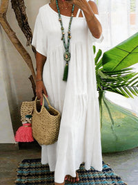 Casual Slash Neck Short Sleeve Cotton Linen Solid Color Womens Dress