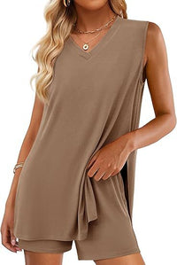 Casual Fashion V-neck Sleeveless Top And Shorts Set With Pockets