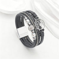 Drilled-bead Multi-layer PU Leather Braided Magnetic-clasp Bracelet