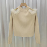 Women's Half-turtleneck Stitching Hollow Out Shoulder-baring Knitwear Top