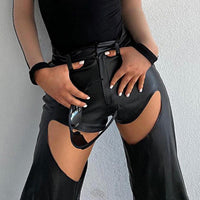 Hollow Pu Leather Pants Women's Loose Straight Black Trousers