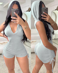 Women's Solid Color Hooded Drawstring Pleated Tight Jumpsuit