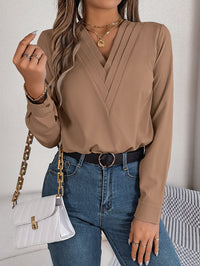 Elegant Solid Color Layered V-Neck Long Sleeve Blouse