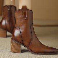 Women's Vintage Mid-Calf Western Cowboy Boots In Full Leather AutumnWinter Style
