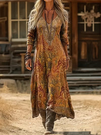 Womens 3D-printed V-neck Long-sleeve Dress