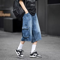 American-style Loose-fit Multi-pocket Workwear Denim Capri Pants