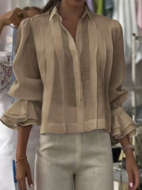 Pleated Solid Color Stitching Short Sleeve Shirt