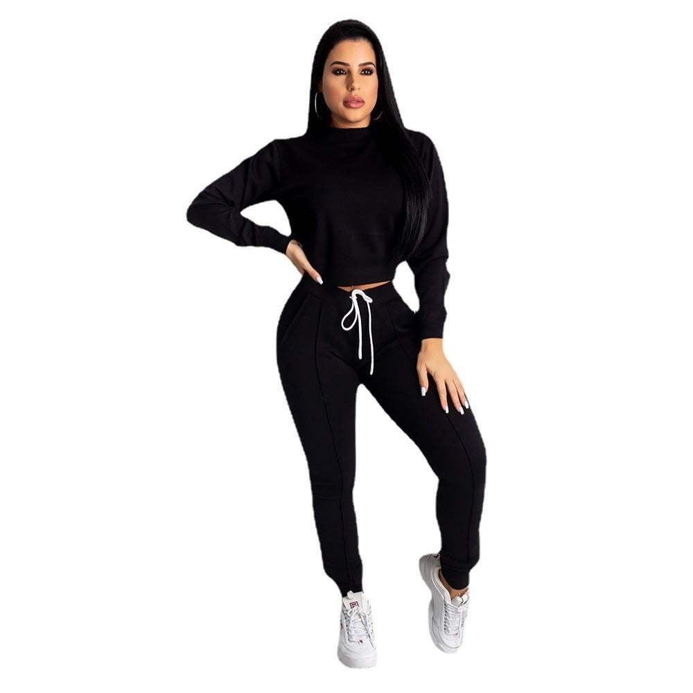 Women's Casual Sports Solid Color Long Sleeve Pullover Top Drawstring Trousers Suit