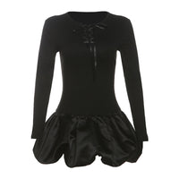 Womens Fashion Patchwork Lace-Up Long-Sleeve Dress