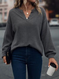Women's Casual Loose-Fit Fashion Solid-Color Long-Sleeve V-Neck Pullover Top