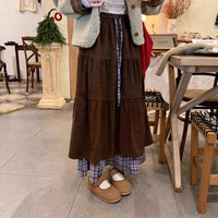Niche Patchwork Fake Two-piece Plaid Cake Maxi Dress