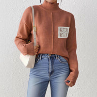 Women's Pure Color Half Collar Sequined Hollow-out Pocket Stitching Sweater