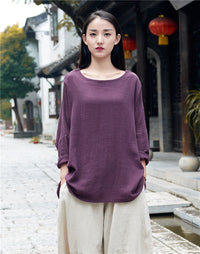 Cotton And Linen Breathable Retro National Long Sleeve Pullover T-shirt
