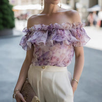 Women's Chiffon Printed Off-Shoulder Ruffle-Trim Top