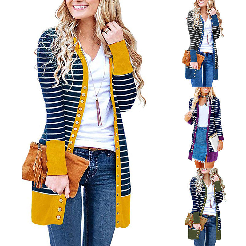 Autumn And Winter Plus Size Women's Fashionable Mid-length Button Striped Cardigan