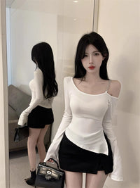 Irregular Diagonal Collar Cold-shoulder Bodycon T-shirt Female Fashion Bottoming Shirt