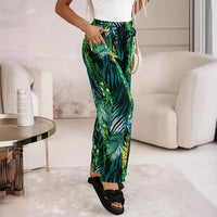Elastic-waist Casual Wide-leg Pants With A Leaf Print Green