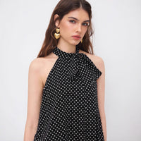 Round-neck Polka-dot Sleeveless Tie-neck Top