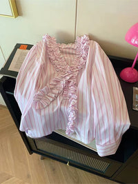 Three-dimensional Edge V-neck Striped Blouse Womens French-style Sweet And Loose-fit