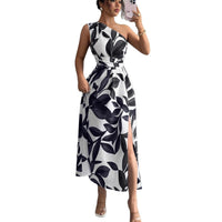 Womens Printed Off-the-Shoulder Slit Dress