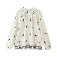 European And American Style Women's Fashion Casual Loose Long Sleeve Lace-up Embroidered Shirt