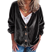 Womens Casual V-neck Long-sleeve Solid-color Cardigan Top
