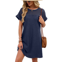 Solid-color Crewneck Lace-panel Loose-fit Short-sleeve Dress