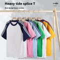 Cotton Heavy Raglan Color Stripes Short Sleeve Men's European And American Couple Loose Solid Color Color Stripes T-shirt