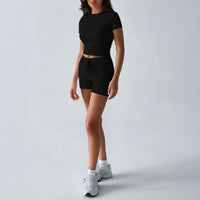 Yoga Active Wear Solid-Color Short-Sleeve Drawstring Shorts Set