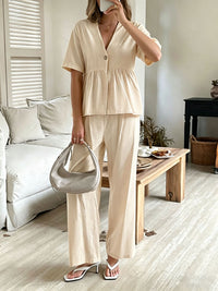 V-neck Loose-fit Short-sleeve Top And Wide-leg Pants Two-piece Set