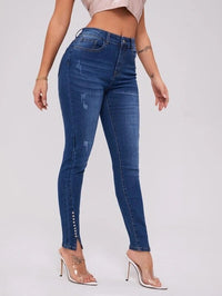 Slim Fit Patchwork High Waist Stretch Jeans