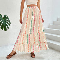 Womens Tassel-Laced Ethnic-Style Striped Printed Skirt