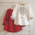 Womens Embroidered Lace-Trimmed Collar Puff-Sleeve TopBlouse