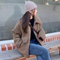 Lapel Zipper Double Pocket Loose Thick Cotton Coat Short Coat