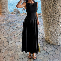 Black Draping Sleeveless Waist Cinching Suit For Women