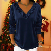 Womens Stylish Solid-Color Long-Sleeve Top With Ruffled V-Neck