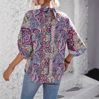 Paisley-print V-neck Loose-fit Long-sleeve Womens Blouseundershirt