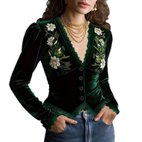 Women's Retro Fashion V-Neck Puff Sleeve Shirt