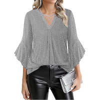 Womens Casual Silver-Thread Mesh V-Neck Petal Three-Quarter Sleeve Loose Top