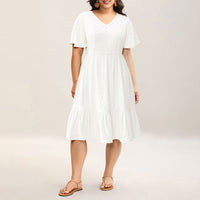 Solid-color V-neck High-waisted Loose-fit Short-sleeve Dress