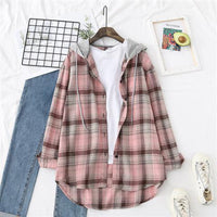 Retro Hong Kong Style Springsummer Autumn Plaid Shirt Women's Loose And Hooded Cardigan Coat