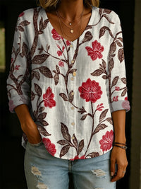 Women's Floral 3D Printed Ladies' Henley Shirt